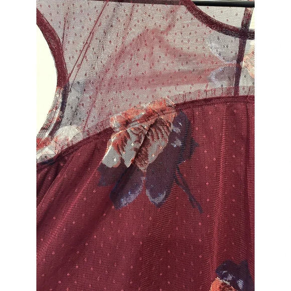 Maurices Burgundy Maroon Floral Net Mesh Lace Lined Blouse Top Size Large - Picture 3 of 9